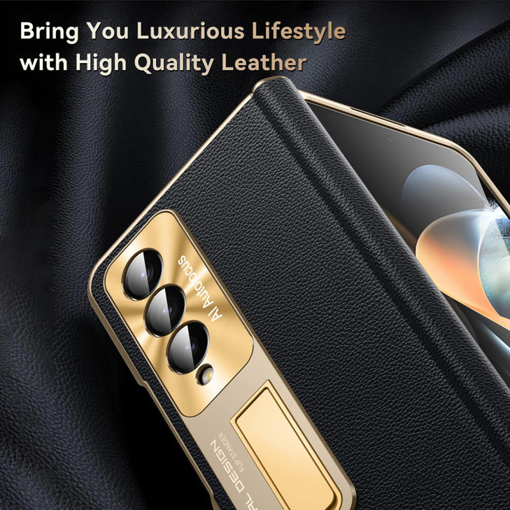 Libeagle for Samsung Galaxy Z Fold 4 Case Electroplated Frame Luxury Leather Back Full Magnetic Hinge Protective Screen