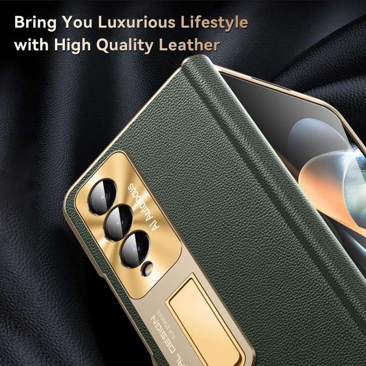 Libeagle for Samsung Galaxy Z Fold 4 Case Electroplated Frame Luxury Leather Back Full Magnetic Hinge Protective Screen