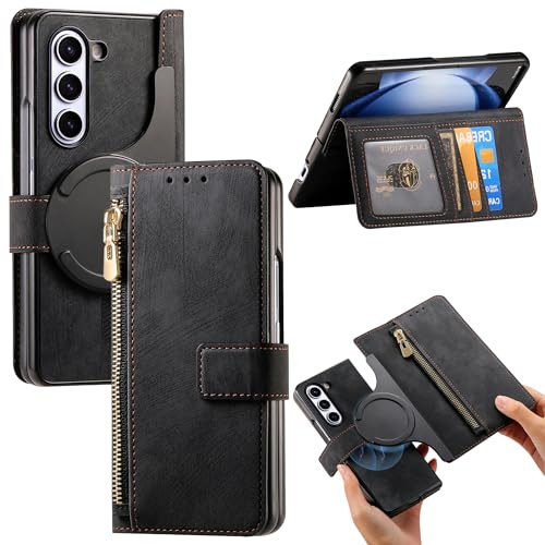 Fofvccv Magnetic 2 in 1 Detachable Wallet Case for Samsung Galaxy Z Fold 6 with Card Holder PU Leather Zipper Purse with