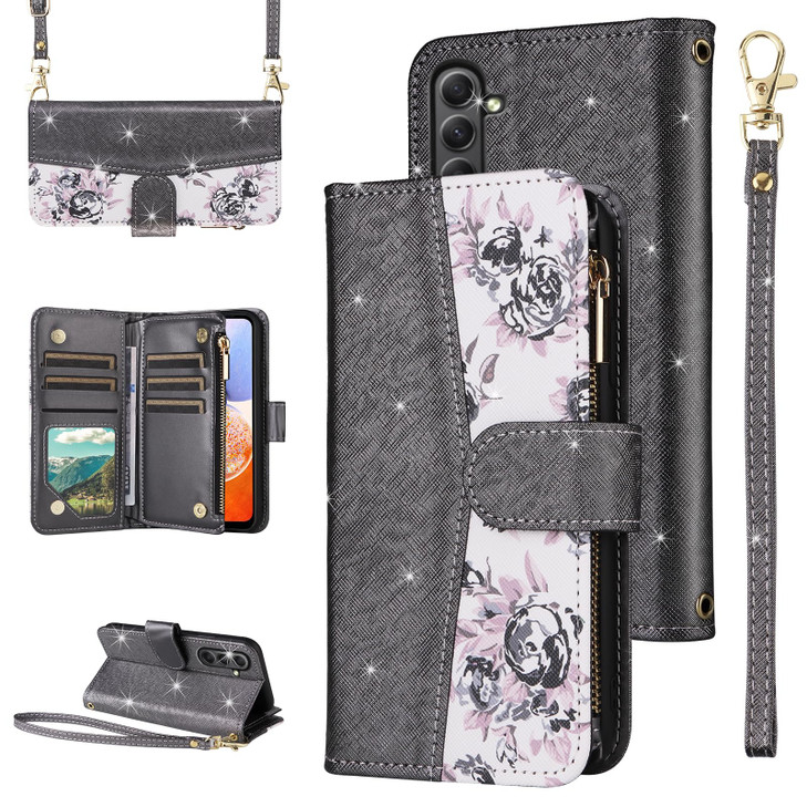 Furiet for Samsung Galaxy S24 FE 5G Floral Wallet Case with Flip Zipper Purse Wrist Strap Shoulder Strap Luxury Glitter