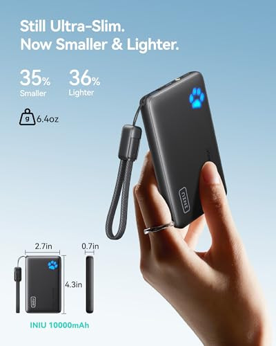 INIU Portable Charger Ultra Slim 45W Fast Charging with Attached USB C Cable FlightSafe 10000mAh PD Power Bank Battery P