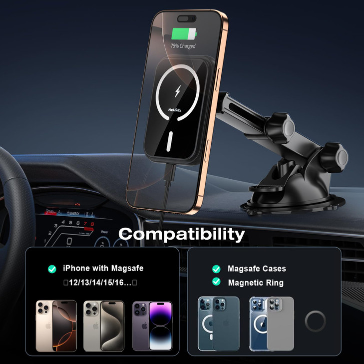 MAGJIEYX for MagSafe Car Mount Charger 15W Fast Charging Magnetic Wireless Charging Phone Holder Fits iPhone 1615141312