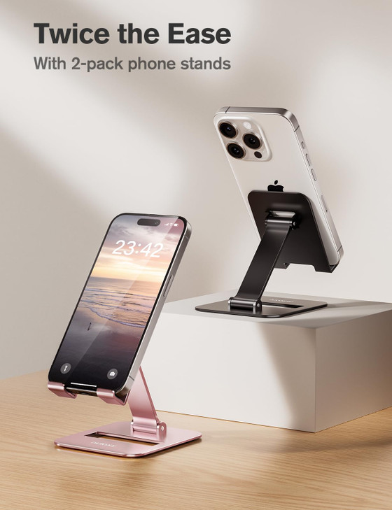 Nulaxy 2 Pack Dual Folding Cell Phone Stand Fully Adjustable Phone Holder for Desk Compatible with iPhone 17 16 15 14 13