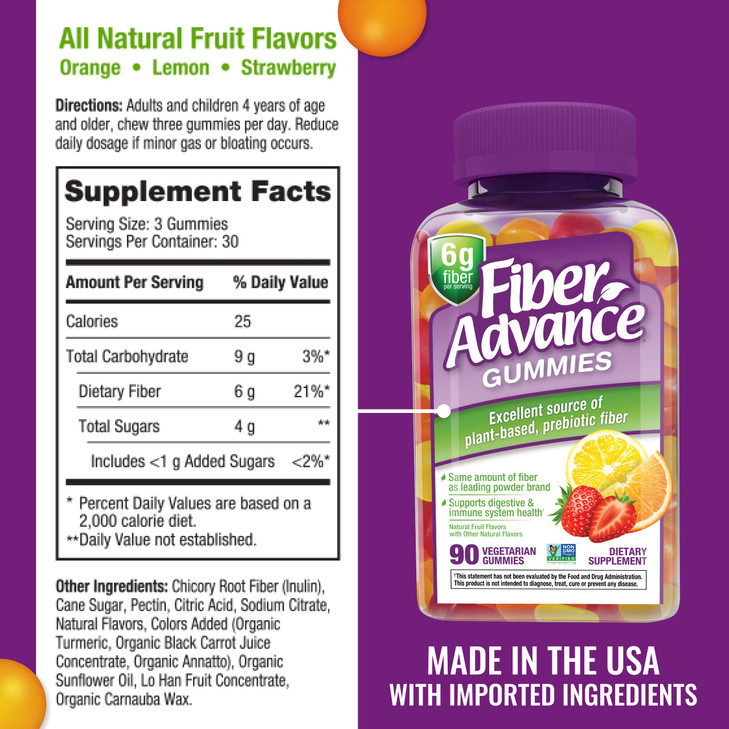 Fiber Advance Gummies | 100% Plant Based Fiber Supplement for Digestive Health | Chicory Root Inulin Prebiotic Gummies for Adults | Gluten Free, Vege