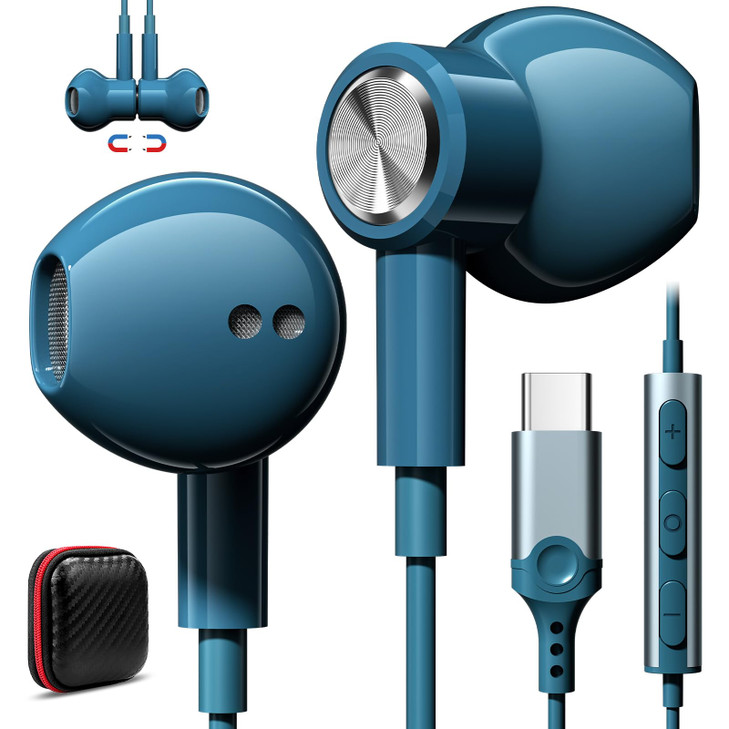 USB C Headphones with Microphone for iPhone 17 Pro Max 16e 16 15 Plus Type C Headphone Wired Earbuds HiFi Magnetic Sport