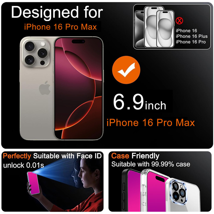 Heromiracle 2 Pack for iPhone 16 Pro Max Privacy Screen Protector Tempered Glass for iPhone16 ProMax AntiSpy Film AntiBl