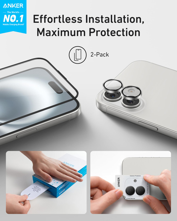 Anker HD Screen and Lens Protectors for iPhone 16 2Pack 61Inch Ultrand Clear Tempered Glass Fast and Easy Installation S