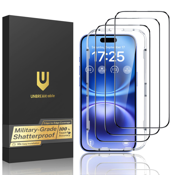 UNBREAKcable for iPhone 16 Screen Protector 3Pack Full Coverage Tempered Glass Military Grade Shatterproof 9H Hardness E