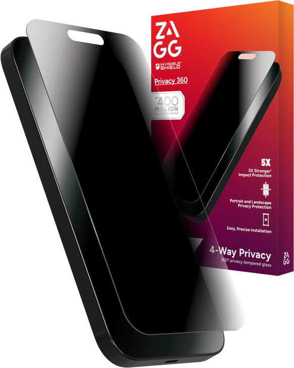 ZAGG Glass Elite Privacy 360 Screen Protector for iPhone 16 Pro Max 4Way Privacy UltraStrong Tempered Glass 5X Stronger
