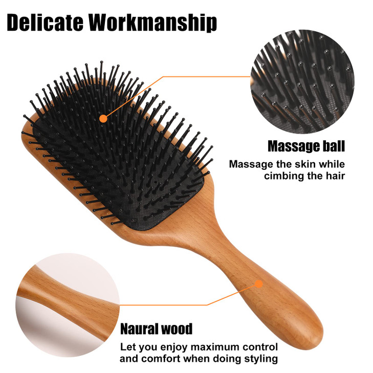 olelo Hair Brush Natural Wooden Paddle Brush, Brushes for Men & Women, Wood Hairbrush for Thick or Curly Hair, Black & Wood Square Hair Brush, Beech