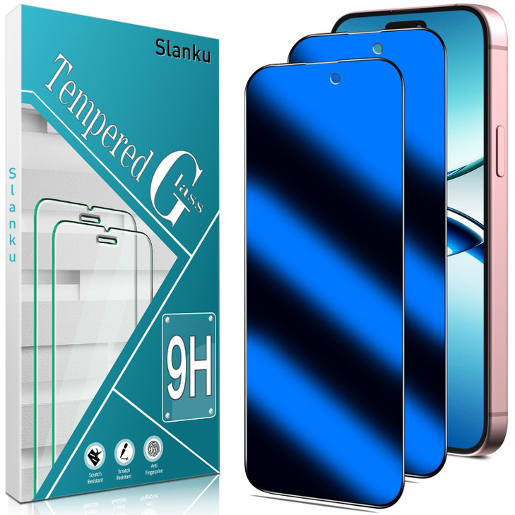 Slanku 2 Pack for iPhone 16 Privacy Screen Protector Blue AntiSpy Temered Glass Anti Blue Light Eye Protection Easy Inst