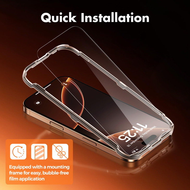 UNBREAKcable 3Pack Screen Protector for iPhone 16 Pro Double Shatterproof Tempered Glass Easy Installation Frame 9H Hard