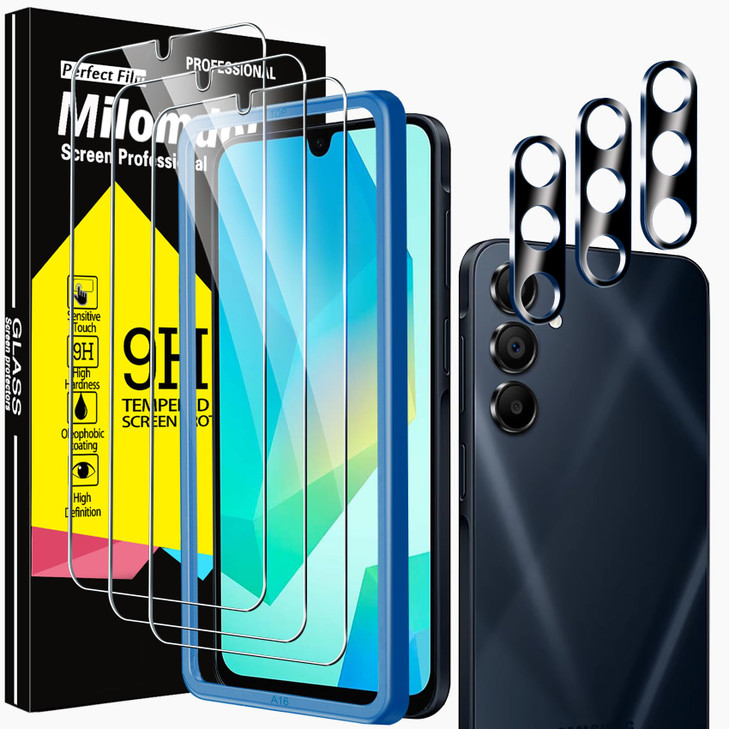 Milomdoi 3 Pack Tempered Glass for Samsung Galaxy A16 5G Screen Protector with 3 Pack Camera Lens Protector Accessories