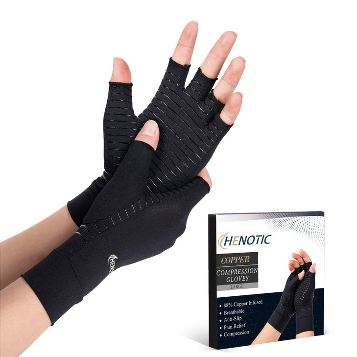 HENOTIC Copper Arthritis Gloves for Women Men, Fingerless Breathable & Moisture Wicking Arthritis Compression Gloves for Relieving Carpal Tunnel Ache