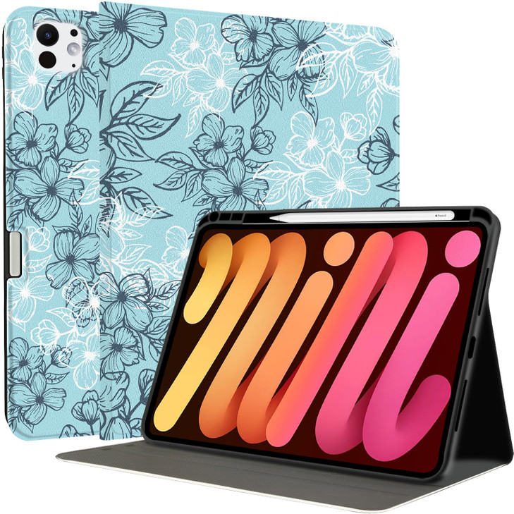 MAYCARI White Lake Blue Flowers iPad Case for iPad Pro M4 2024 11 Inch with Pencil Holder Handmade iPad Pro 5th Generati