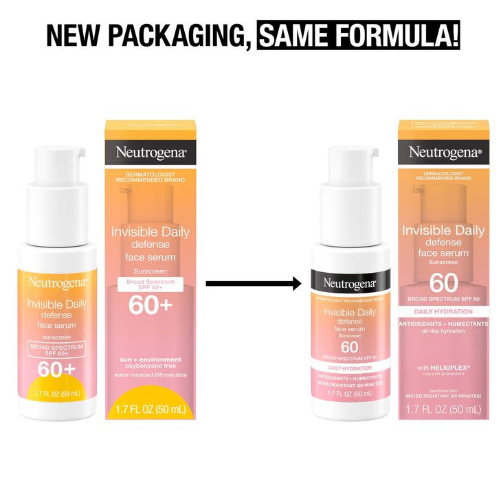 Neutrogena Invisible Daily Defense Broad Spectrum SPF 60, Antioxidants for Skin Glow, Hydrating Face Sunscreen Serum, Water Resistant (80 minutes), O