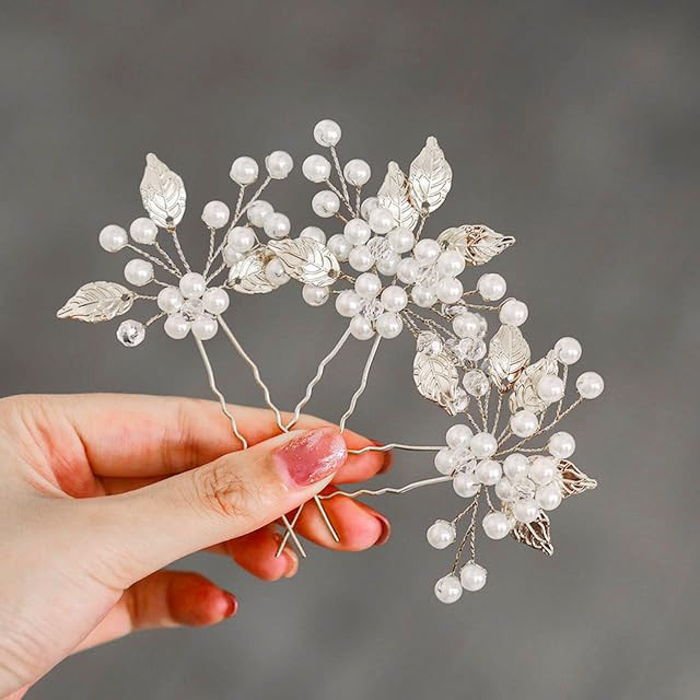 Heread Pearl Bride Wedding Hair Pins Leaf Bridal Head Piece Flower Hair Accessories for Women and Girls (Pack of 3) (Silver)