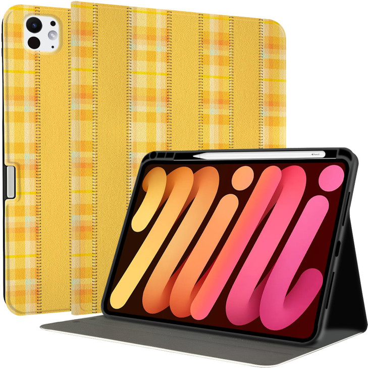 MAYCARI Fall Yellow Orange Stripes iPad Case for iPad Pro M4 2024 13 Inch with Pencil Holder Handmade iPad Pro 5th Gener