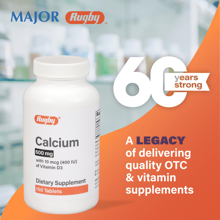 Rugby 600 mg Calcium Tablets - Made with 10 mcg (400 IU) of Vitamin D3 - Dietary Supplement - 150 Tablets