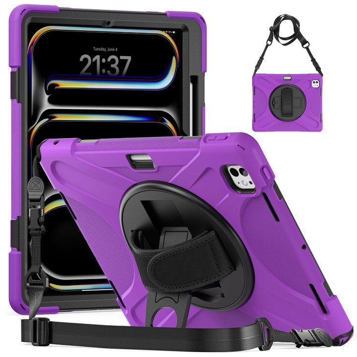 for iPad Pro 13 Case 2024 M4 with Pencil Slot Shockproof Heavy Duty Protective Cover 360 Rotating Hand Strap Kickstand S