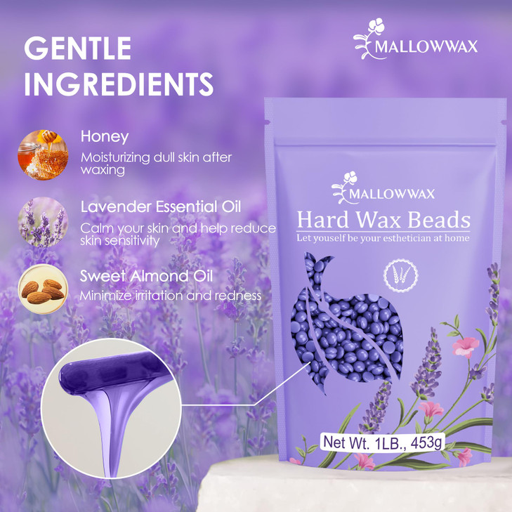 Mallowwax Hard Wax Beads, Wax Beans for Hair Removal, Natural Lavender, Stripless, Coarse Body Hair Specific - Ideal for Bikini, Brazilian, Legs, Und