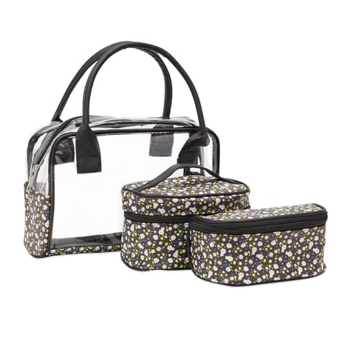 Glamlily 3-Piece Travel Makeup Bag Set - Clear PVC TSA-Approved Travel Toiletry Bag - Floral Daisy Cosmetic Pouch Set & Makeup Pouches - Jewelry & Pe