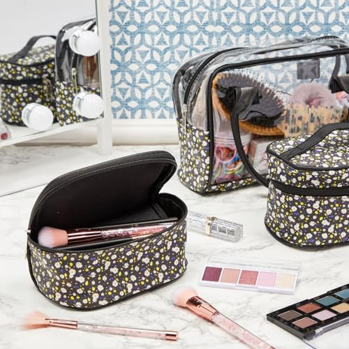 Glamlily 3-Piece Travel Makeup Bag Set - Clear PVC TSA-Approved Travel Toiletry Bag - Floral Daisy Cosmetic Pouch Set & Makeup Pouches - Jewelry & Pe