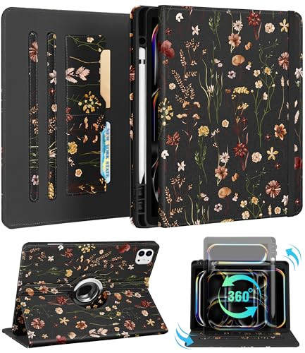 Kidcube for iPad Pro 13 Inch Case M4 2024 Women Girls Cute Rotating Stand Folio Cover with Pencil Holder Card Slot Flowe