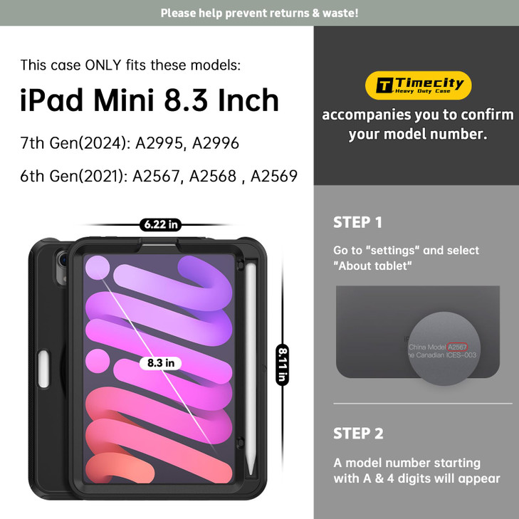 Timecity Case for iPad mini 7 A17 Pro 2024 Mini 6 83 Heavy Duty Protective Cover with Screen Protector Rotating Stand Sh