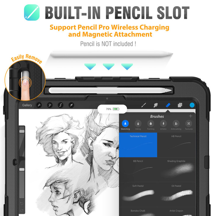 HXCASEAC for iPad Pro 11 Inch Case M5M4 20252024 Shockproof Design with Pencil Holder Protector Rotating Stand Hand Stra