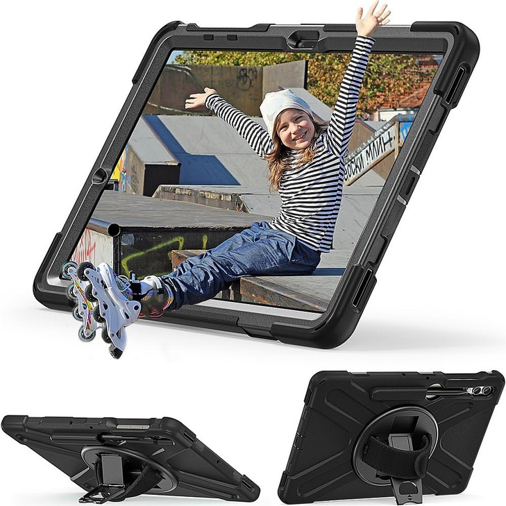 Sahara DefenseX Series Case for Samsung Galaxy Tab S10 S9 S9 FE S8 Black Rugged Shockproof Protective Cover with Hand St