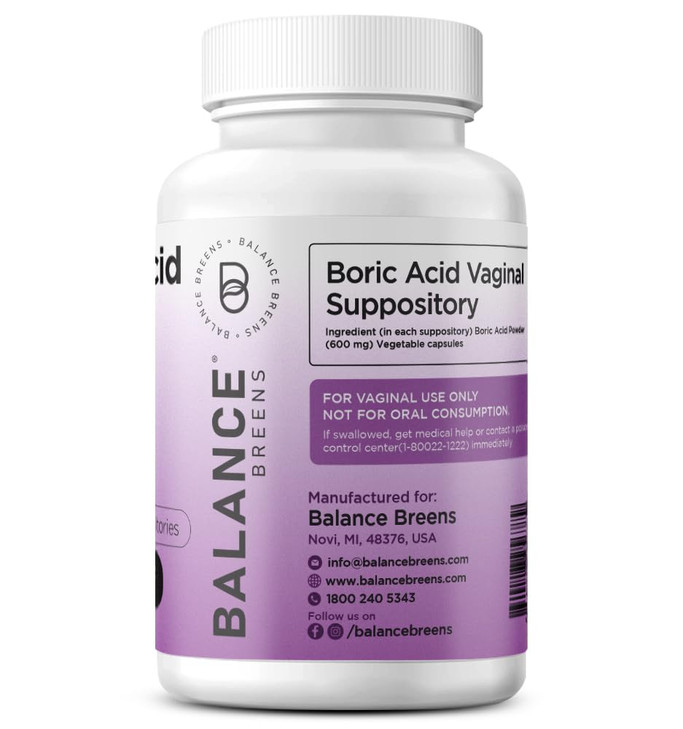 Boric Acid Suppositories for Women, 600 mg, 30 Vaginal Use Capsules - pH Balance Pills, Intimate Health Support, Yeast Infection Treatment, Made in U