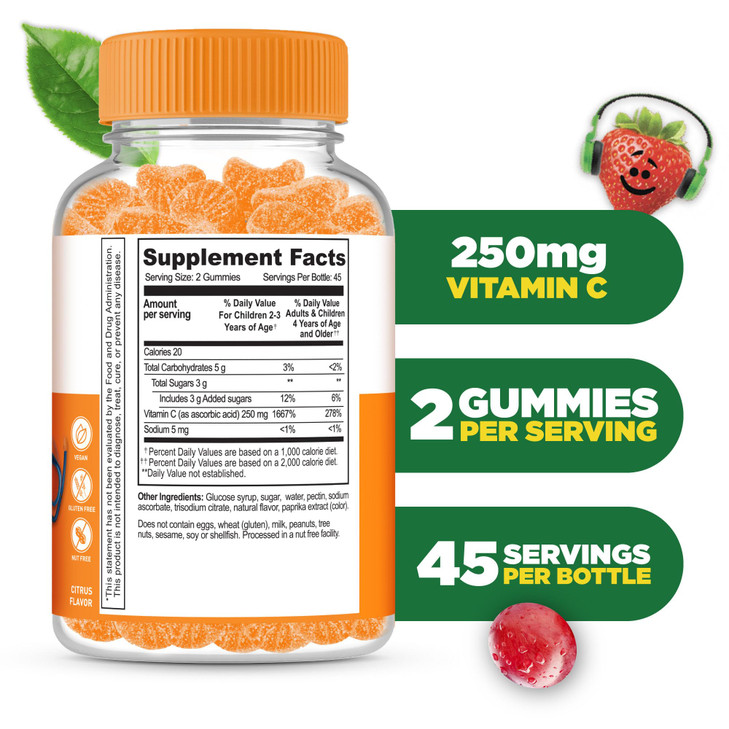 Lifeable Kids Vitamin C Gummies | 250mg | Great Tasting VIT C | Vegan GMO-Free Vitamin C Chewable | for Immune Support | 90 Gummies