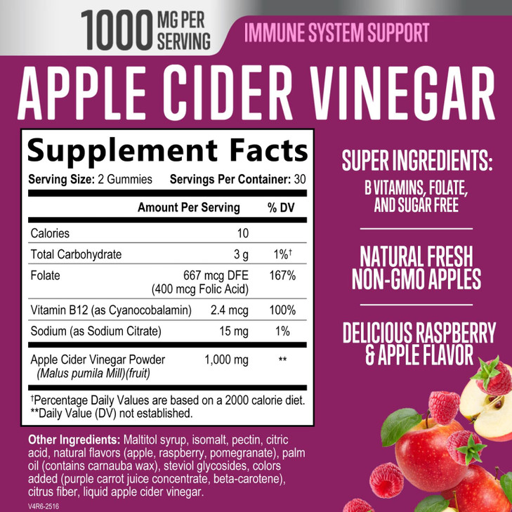 Apple Cider Vinegar Gummies 1000mg - Sugar Free Max Strength ACV Gummy Vitamins, Advanced Formula with Vitamin B12 Supports Metabolism & Energy, Keto