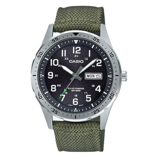 Casio Mens Stainless Steel Solar Powered Cloth Strap Green 22 Casual Watch Model MTPS120L3AVCF