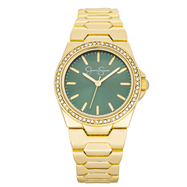 Jessica Simpson Womens Watch 32mm Gold Tone Mint Green Sunray Dial Crystal Bezel Metal Bracelet Dress Watch for Women An