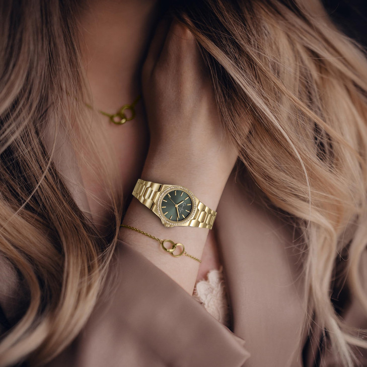 Jessica Simpson Womens Watch 32mm Gold Tone Mint Green Sunray Dial Crystal Bezel Metal Bracelet Dress Watch for Women An