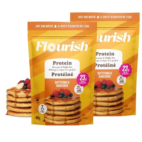 Flourish Protein Pancake Waffle Mix with Whey Protein Flax Seed No Added Sugar High in Protein Fiber Just Add Water Butt