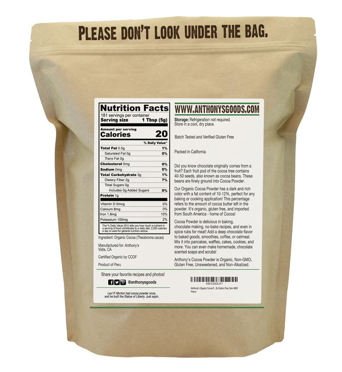Anthonys Organic Cocoa Powder 2 lb Gluten Free Non GMO Unsweetened