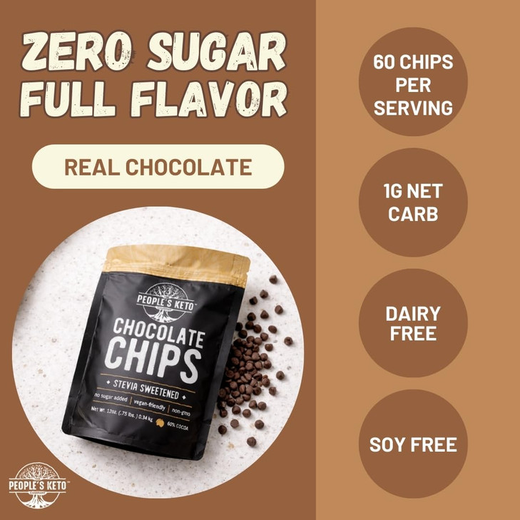 Sugar Free Large Chocolate Chips Stevia Sweetened 12 oz Value Size NonGMO Vegan Keto Low Carb 60 Cocoa All Natural Bakin
