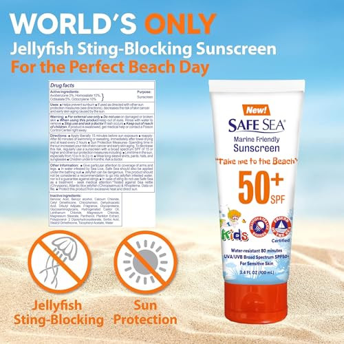 Safe Sea SPF50+ Kids Sunscreen | Travel Size 3.4 oz. | For sensitive skin | anti-jellyfish and Sea Lice sting protective lotion | Coral reef safe sun