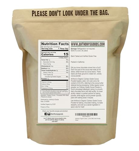 Anthonys Organic Culinary Grade Cocoa Powder 1 lb Dutch Processed Baking Cocoa Gluten Free Non GMO Keto Friendly