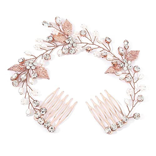 Yikisdy Rhinestone Bride Wedding Hair Side Comb Pearl Leaf Hair Piece Crystal Bridal Hair Accessories for Women