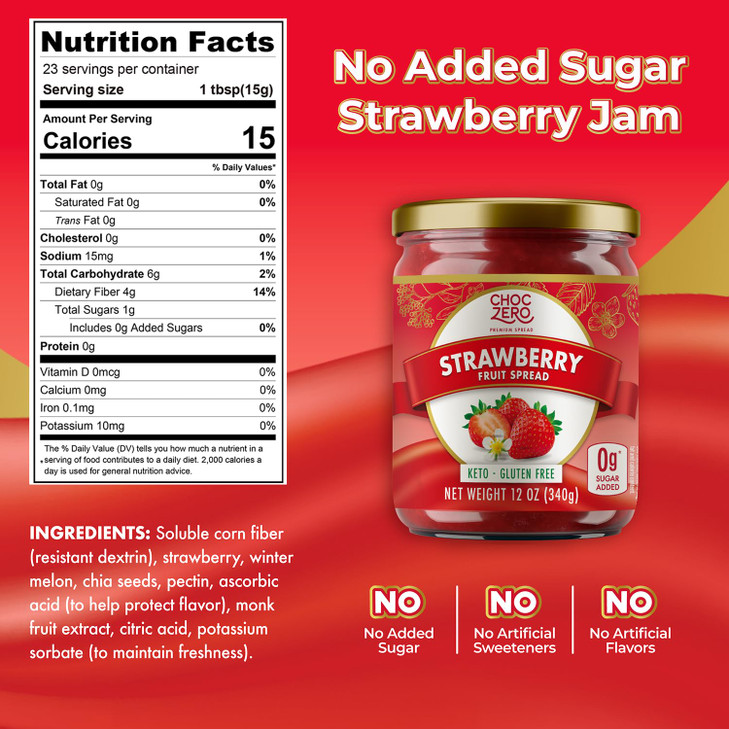 ChocZero Keto Strawberry Fruit Spread No Sugar Added Keto Friendly All Natural Gluten Free Sweetened with Monk Fruit 1 j