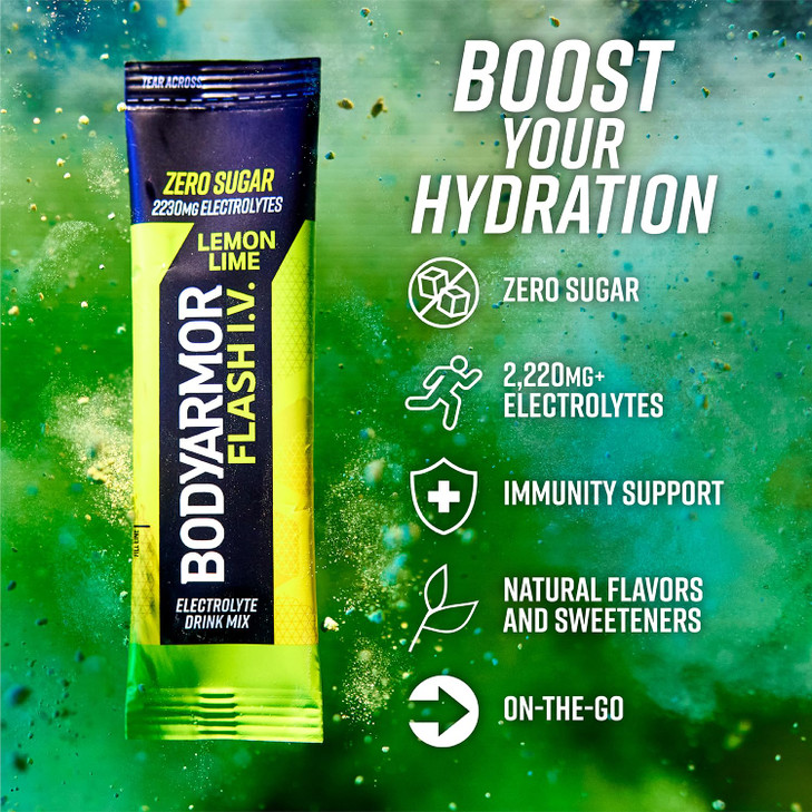 BODYARMOR Flash IV Electrolyte Packets Lemon Lime Zero Sugar Drink Mix Single Serve Packs Coconut Water Powder 15 Count
