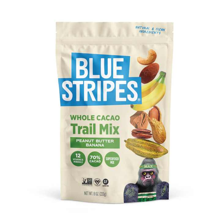 Blue Stripes Trail Mix Peanut Butter Banana Cashews Peanut Butter Chips Healthy Snacks for Adults Whole 70 Cacao With Un