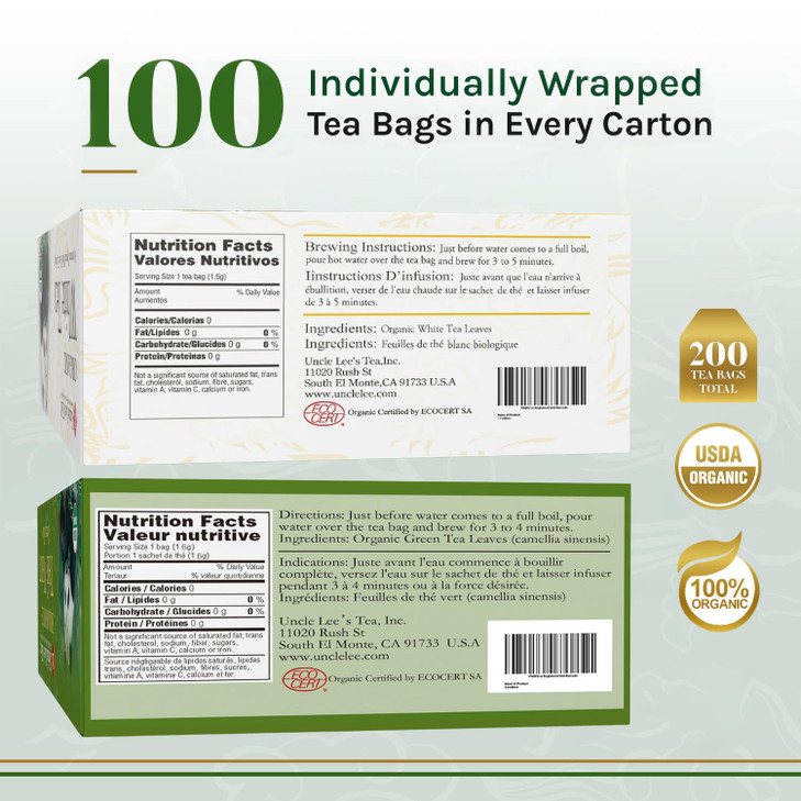 Uncle Lees Organic White Green Tea Variety 2Pack 206 Individually Wrapped Bags Lightly Caffeinated Bulk Teas for Home Of