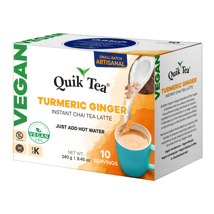 QuikTea Instant Vegan Turmeric Ginger Chai Tea Latte 10 Count earthy turmeric glow with zesty ginger warmth low Caffeine