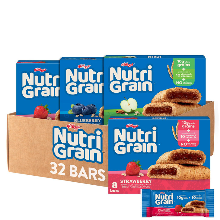 NutriGrain Soft Baked Breakfast Bars Kids Snacks Whole Grain Variety Pack 4 Boxes 32 Count