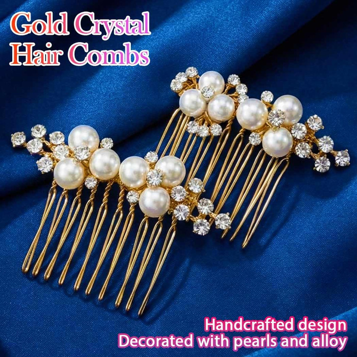 Brishow Wedding Hair Combs Gold Pearls Bridal Hair Accessories Crystal Brides Headpiece Hair Clip for Women and Girls 2 Pieces (Gold)